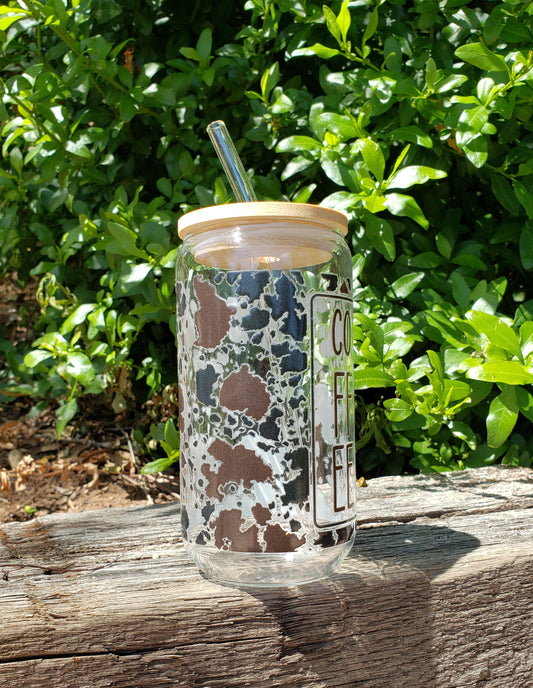 COFFEE Cow Pattern Glass Cup w/Bamboo Lid and Straw - 16oz