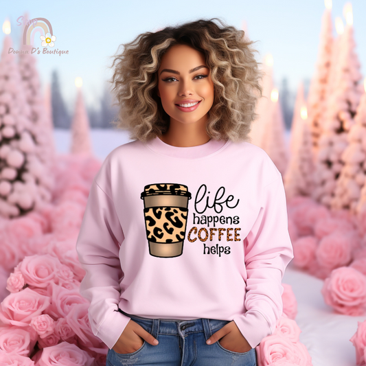 Life Happens Coffee Helps Pink Unisex Crewneck Sweatshirt