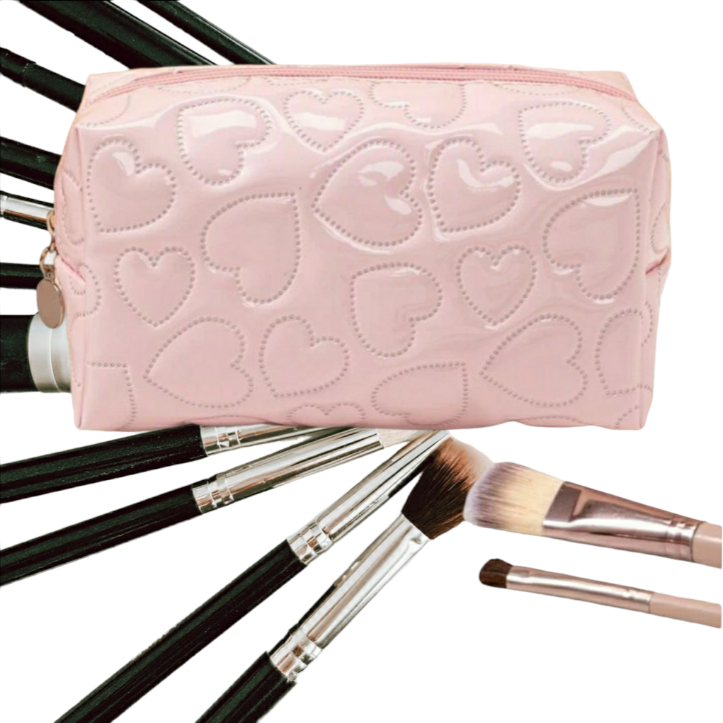 Pink Heart Quilted Makeup Bag