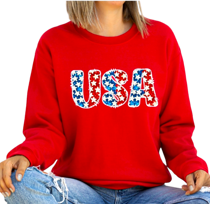 USA Sequin Red Unisex Tshirt or Crewneck Sweatshirt