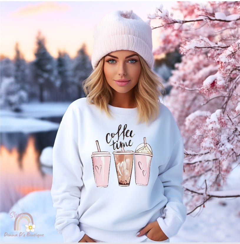 Coffee Time White Unisex Crewneck Sweatshirt