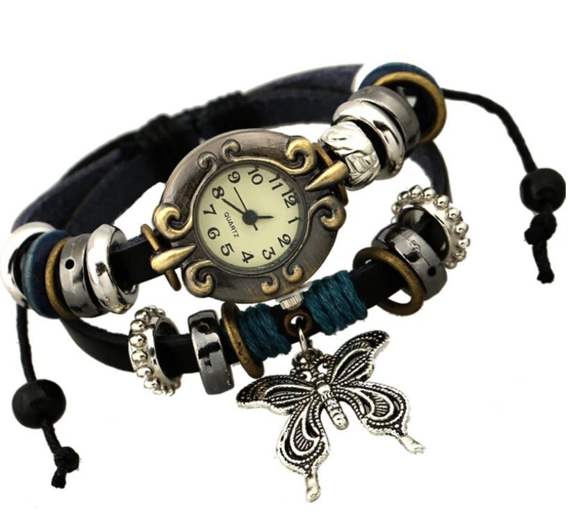Genuine Leather Butterfly Bracelet Watch