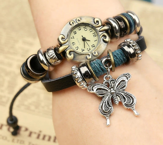 Genuine Leather Butterfly Bracelet Watch