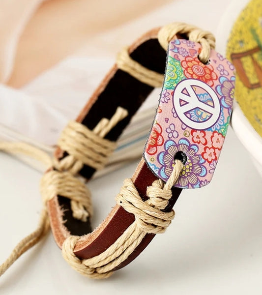 Boho Peace Sign Leather Bracelet