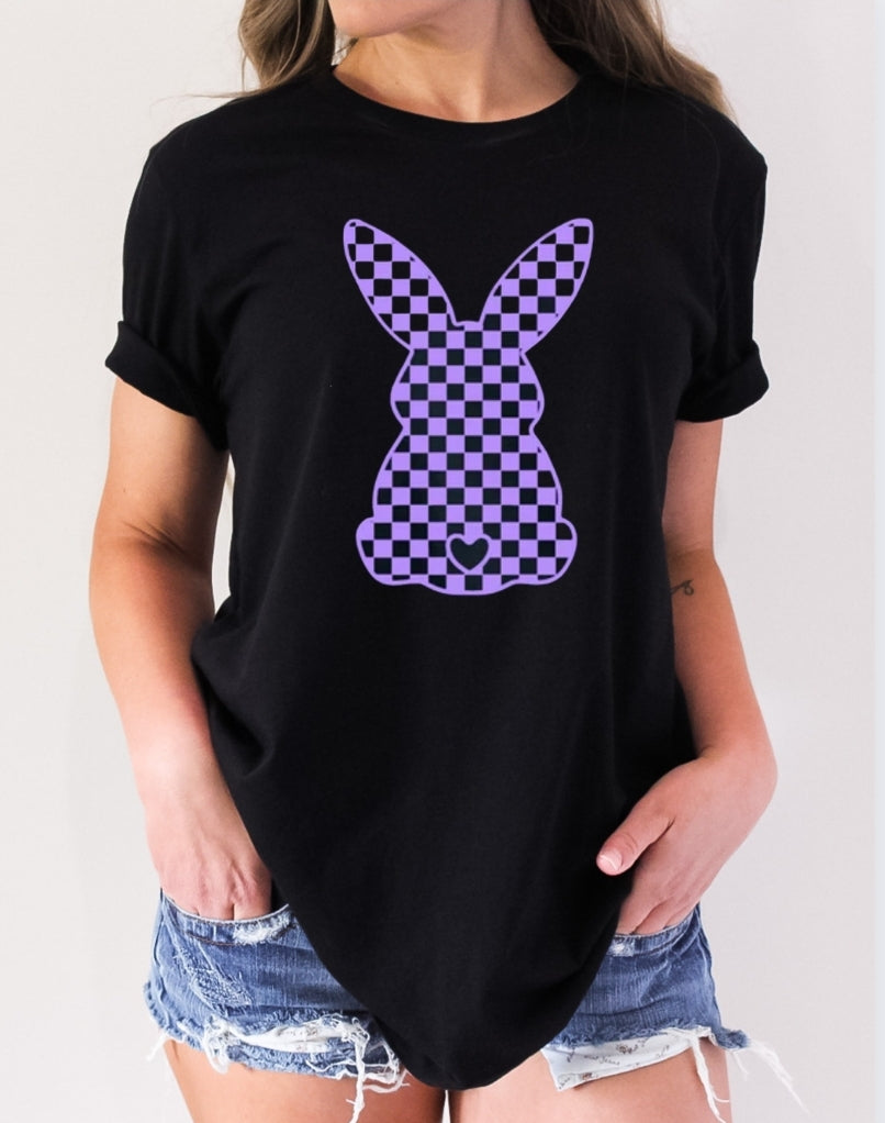 Lavender Bunny Black Tshirt - Puff Print