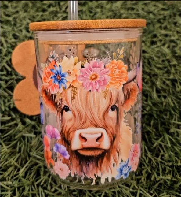 Floral Spring Cow - 15oz Glass Tumbler with Handle and Bamboo Lid