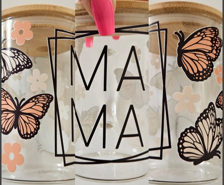 MAMA Butterfly 15oz Glass Mug with Bamboo Lid and Straw