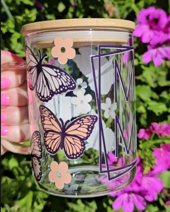 MAMA Butterfly 15oz Glass Mug with Bamboo Lid and Straw