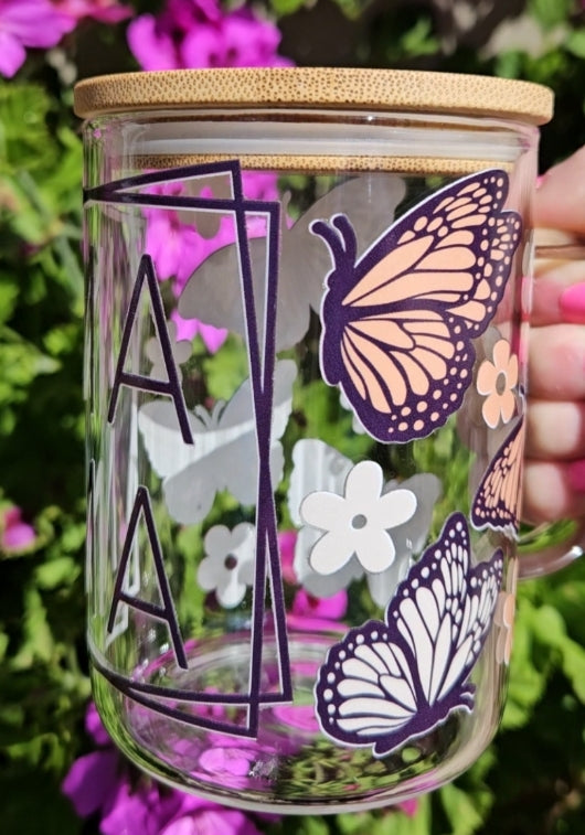 MAMA Butterfly 15oz Glass Mug with Bamboo Lid and Straw