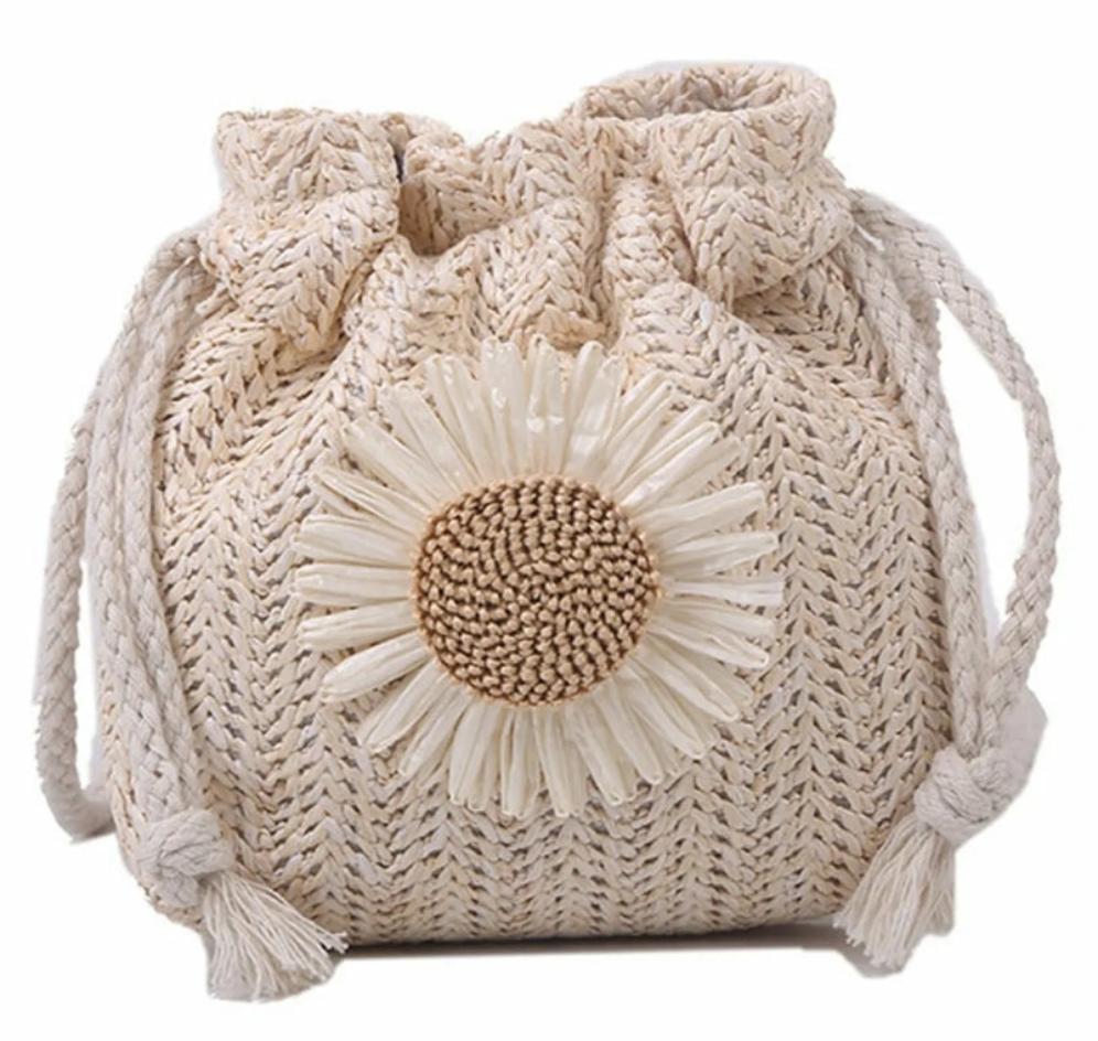 Women'S Small Summer Straw Flower Vacation Bucket String Bag