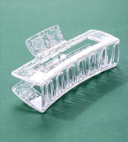 White Flower Pattern Rectangle Hair Claw Clip