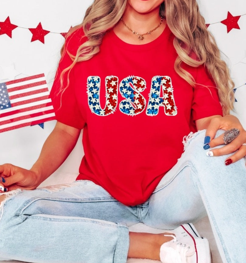 USA Sequin Red Unisex Tshirt or Crewneck Sweatshirt