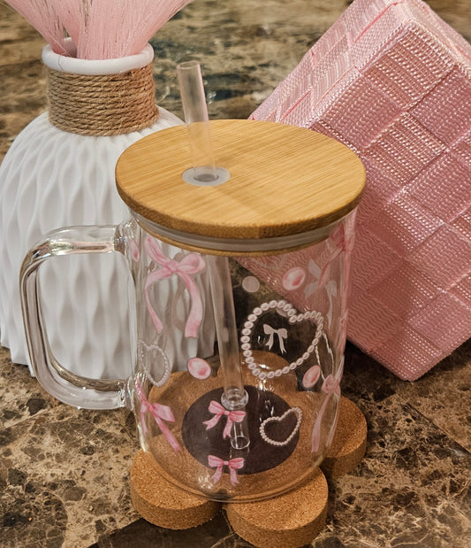 Pearls and Bows - 15oz Glass Tumbler with Handle and Bamboo Lid