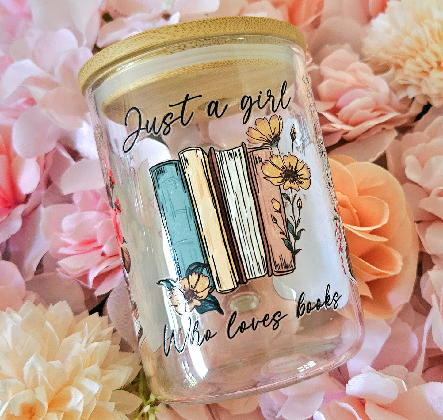 JUST A GIRL WHO LOVES BOOKS 15oz Glass Tumbler with Handle