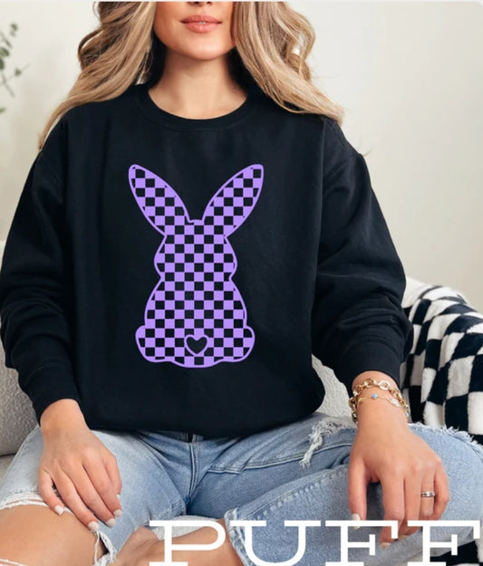 Lavender Bunny Black Crewneck Sweatshirt - Puff Print