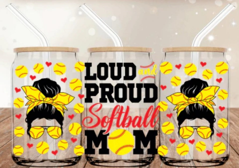 Loud Proud Softball Mom - 16oz Glass Cup