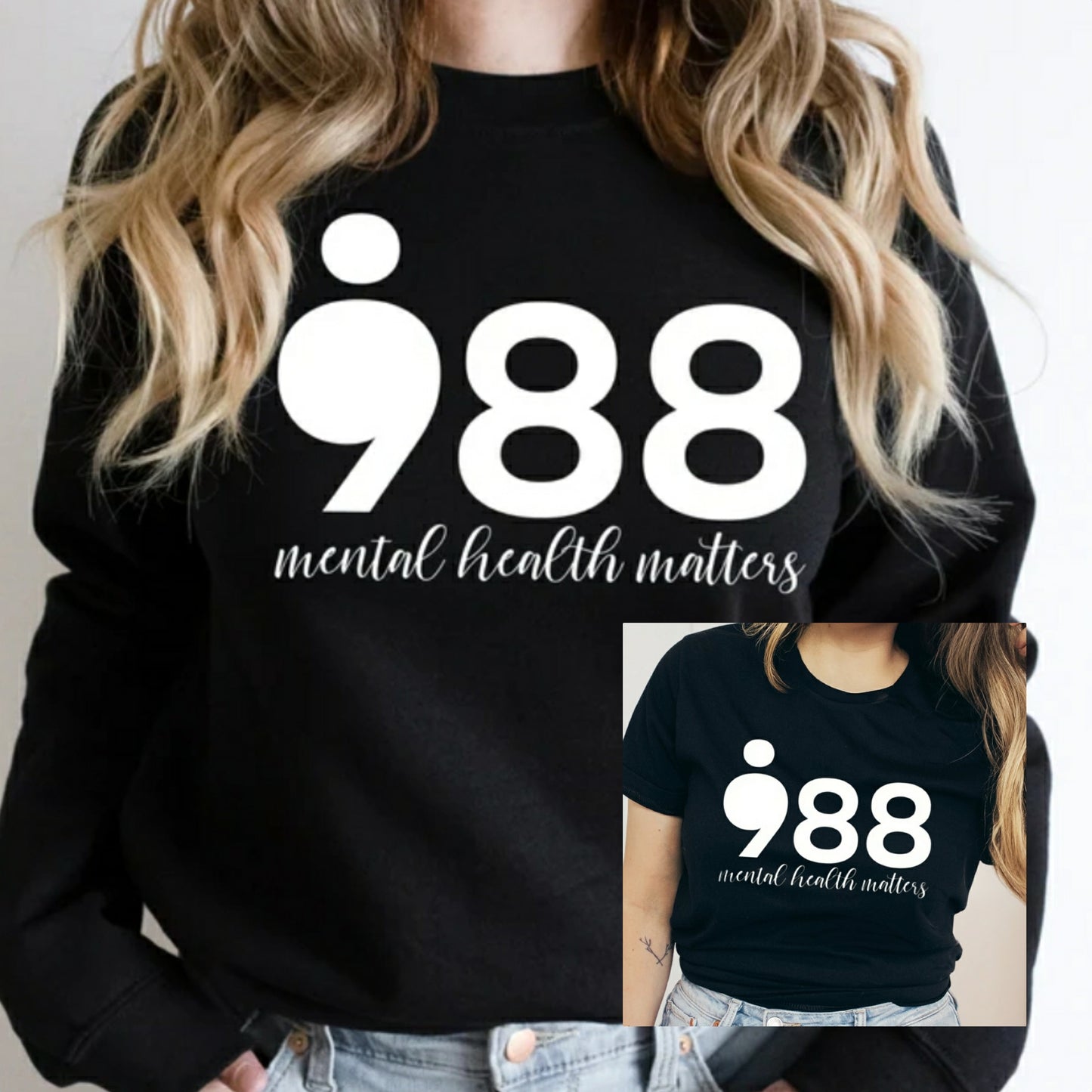 988 Mental Health Matters Puff Print Black Unisex Crewneck or Tshirt