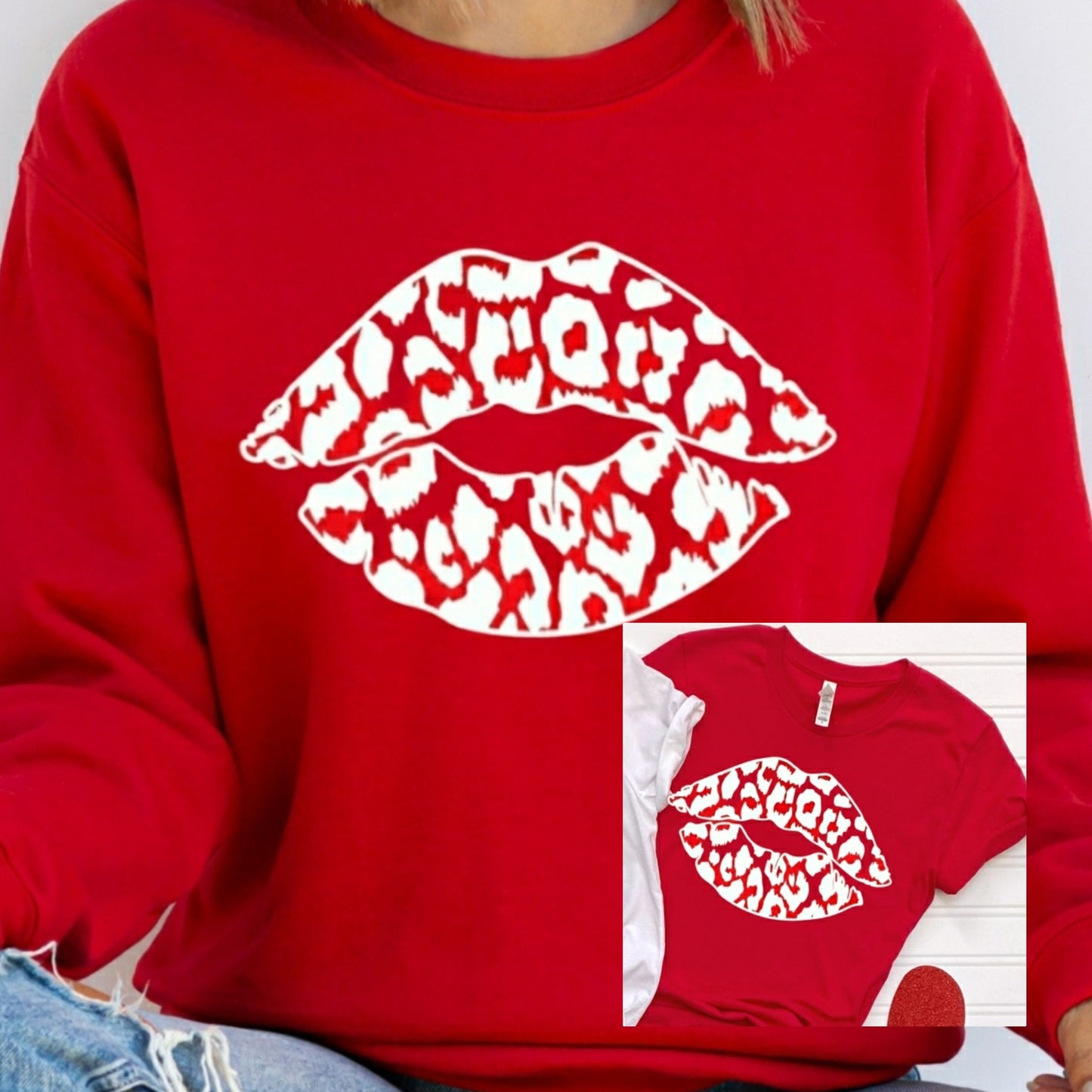 White Leopard Lip on Red Crewneck Sweatshirt or Tshirt