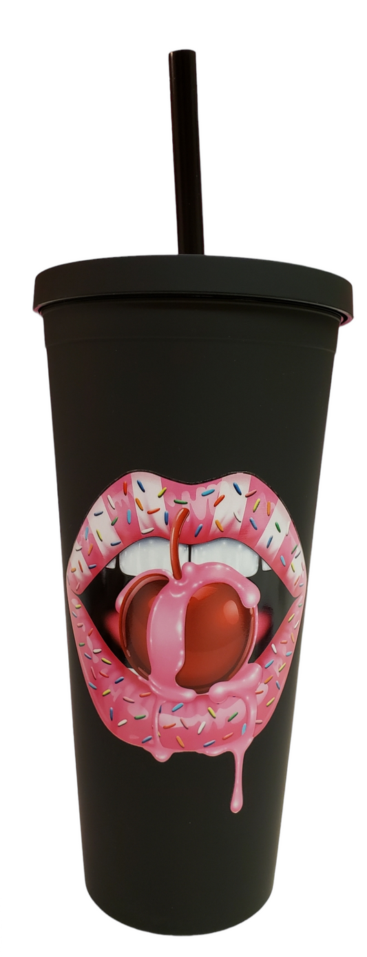 Cherry Lips Matte Black Tumbler - 22oz.