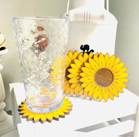 Set of 4 Handmade Farmhouse Inspired Wood Sunflower Coasters