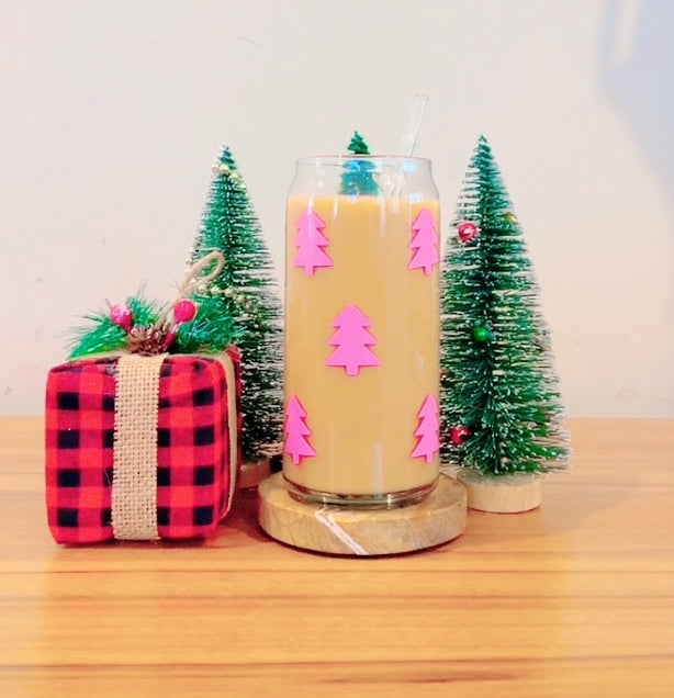 Pink Christmas Tree Glass Can Cup Tumbler w/ Bamboo Lid & Glass Straw