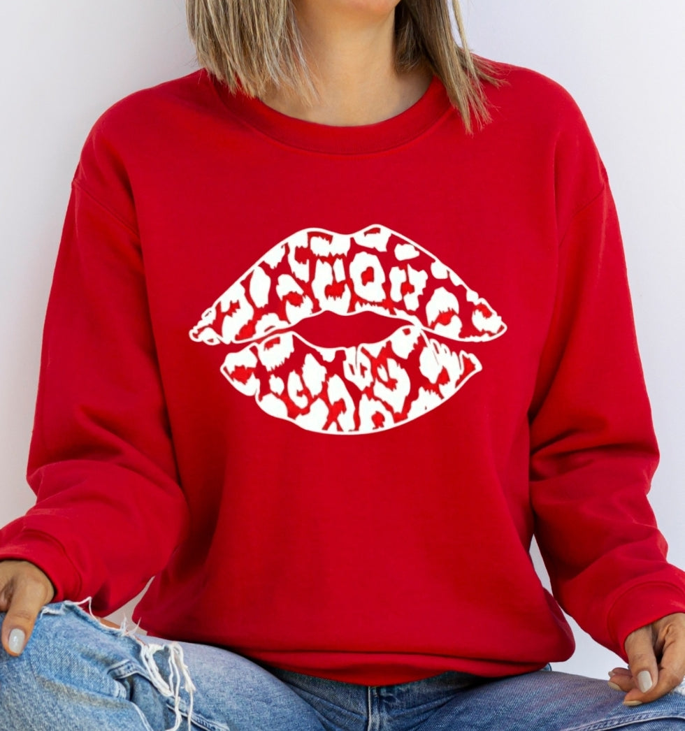 White Leopard Lip on Red Crewneck Sweatshirt or Tshirt