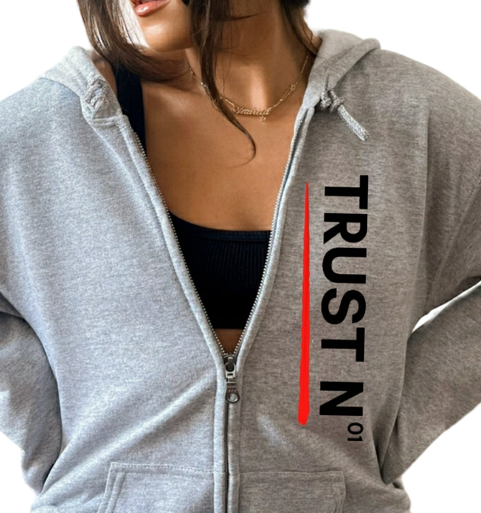 TRUST N01 Gray Zip Up Unisex Hoodie