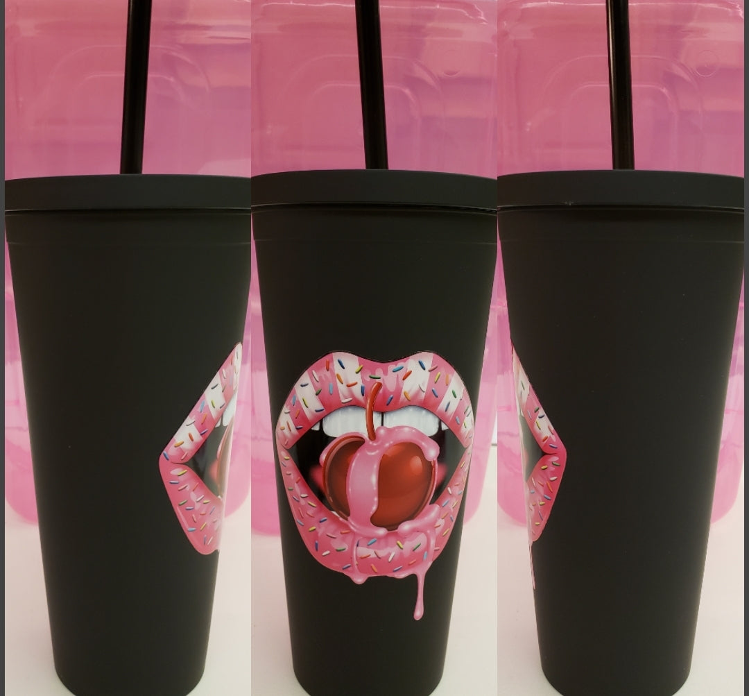 Cherry Lips Matte Black Tumbler - 22oz.