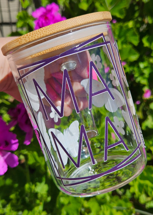 MAMA Butterfly 15oz Glass Mug with Bamboo Lid and Straw