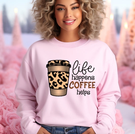 Life Happens Coffee Helps Pink Unisex Crewneck Sweatshirt