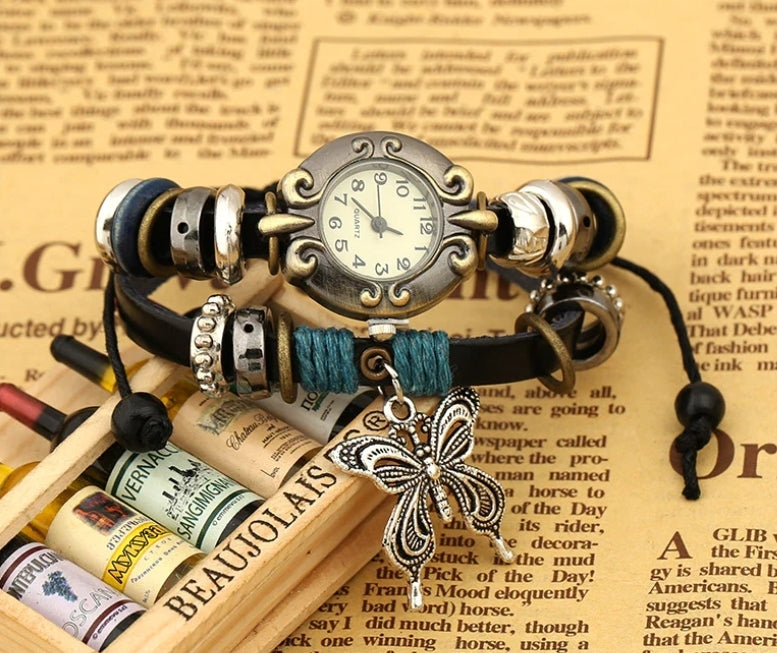 Genuine Leather Butterfly Bracelet Watch