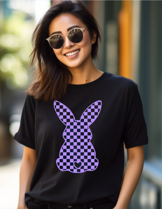 Lavender Bunny Black Tshirt - Puff Print