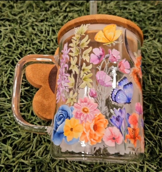Floral Spring Cow - 15oz Glass Tumbler with Handle and Bamboo Lid
