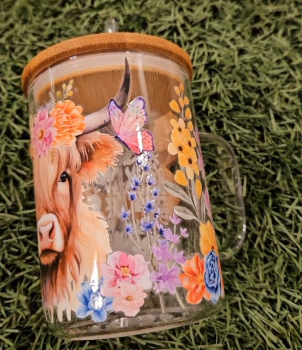 Floral Spring Cow - 15oz Glass Tumbler with Handle and Bamboo Lid