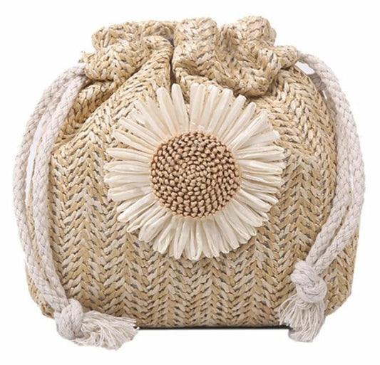 Women'S Small Summer Straw Flower Vacation Bucket String Bag