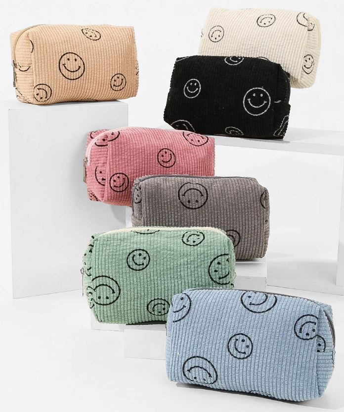 Corduroy Smiley Face Makeup Bag