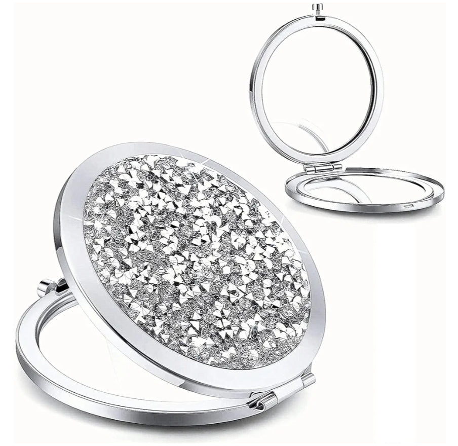 MAGNIFYING DOUBLE-SIDED COMPACT MIRROR - Silver or Purple Mixed Diamond