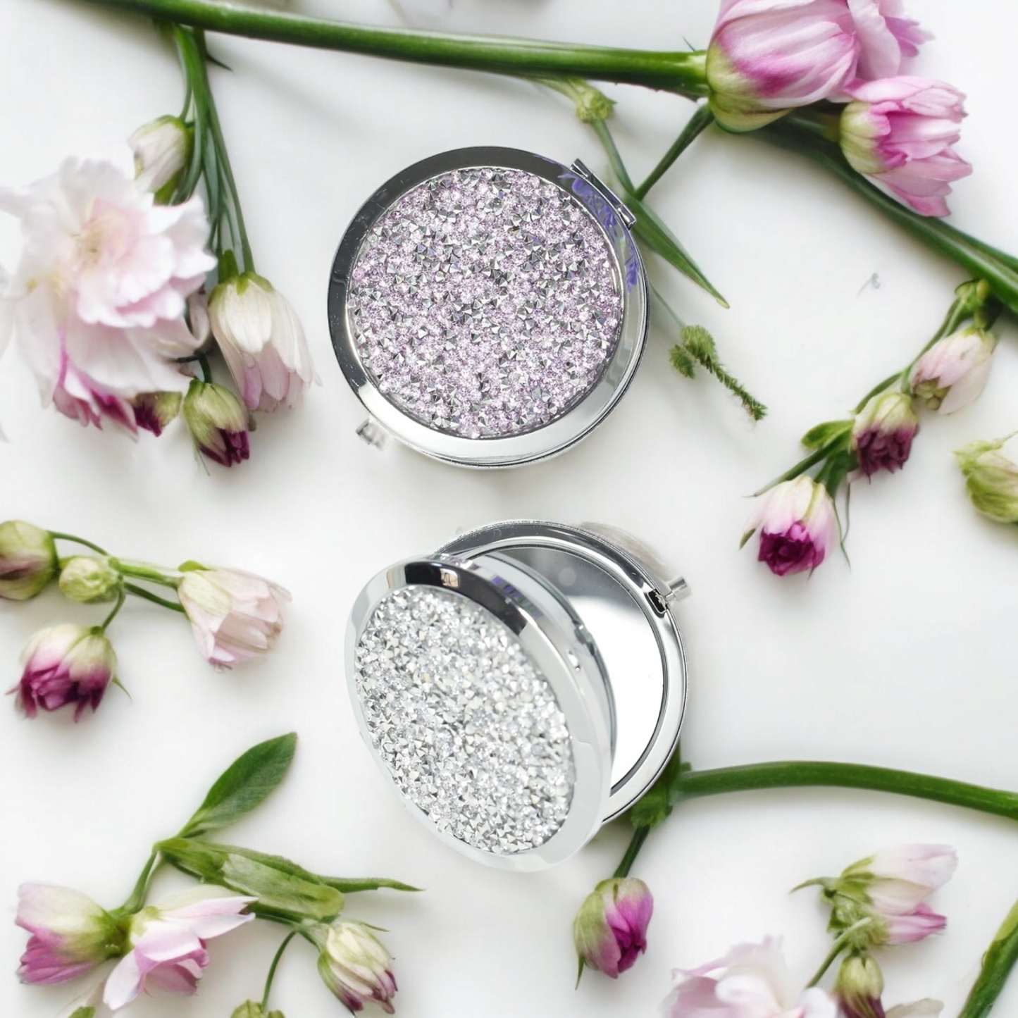 MAGNIFYING DOUBLE-SIDED COMPACT MIRROR - Silver or Purple Mixed Diamond