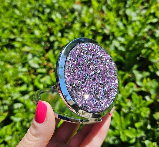 MAGNIFYING DOUBLE-SIDED COMPACT MIRROR - Silver or Purple Mixed Diamond