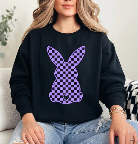 Lavender Bunny Black Crewneck Sweatshirt - Puff Print
