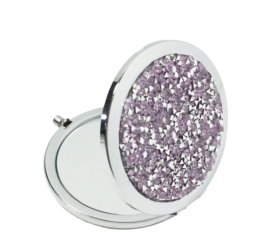 MAGNIFYING DOUBLE-SIDED COMPACT MIRROR - Silver or Purple Mixed Diamond