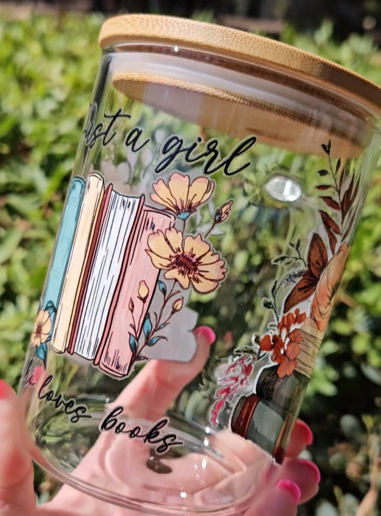 JUST A GIRL WHO LOVES BOOKS 15oz Glass Tumbler with Handle