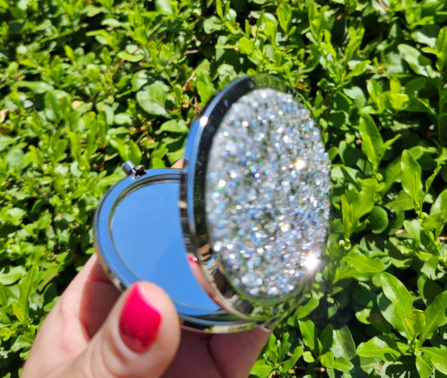 MAGNIFYING DOUBLE-SIDED COMPACT MIRROR - Silver or Purple Mixed Diamond