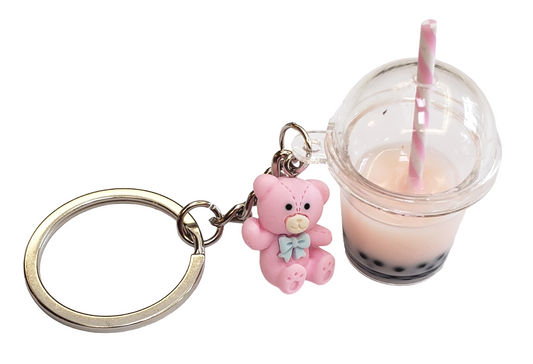 Pink Boba Drink with Bear Charm Keychain