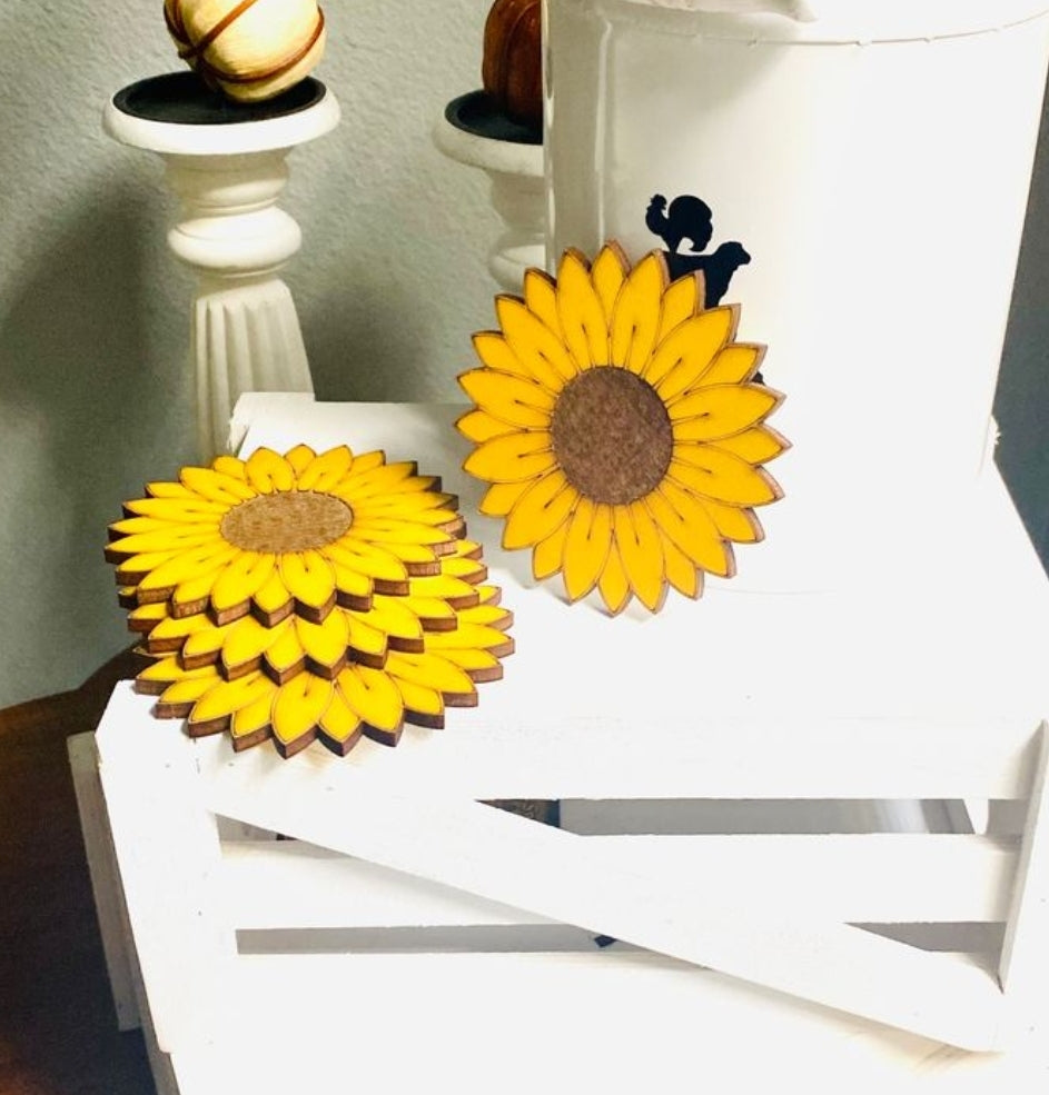Set of 4 Handmade Farmhouse Inspired Wood Sunflower Coasters
