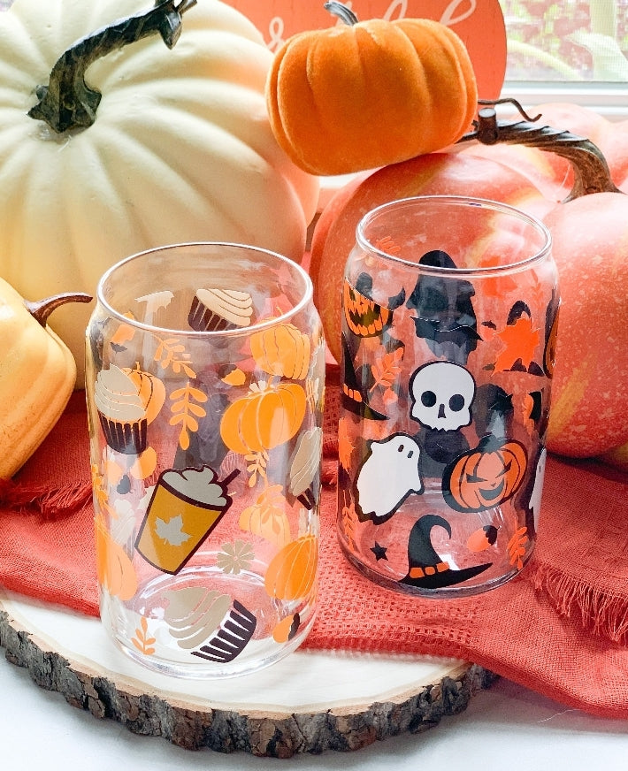 Halloween Glass Cup w/bamboo lid and reuseable clear glass straw