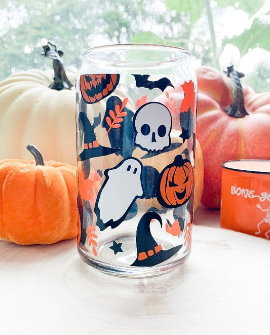 Halloween Glass Cup w/bamboo lid and reuseable clear glass straw