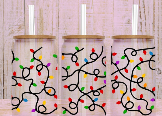 Christmas Light Glass Can Cup w/Bamboo Lid & Glass Straw