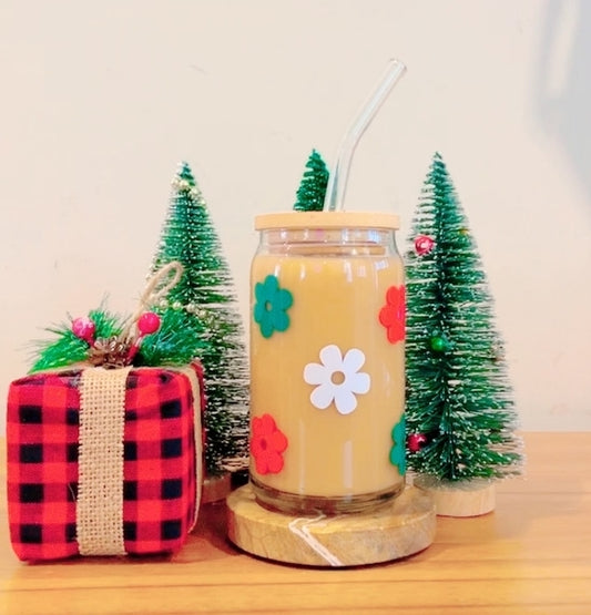 Christmas Retro Flowers Glass Can Cup w/ Bamboo Lid & Straw