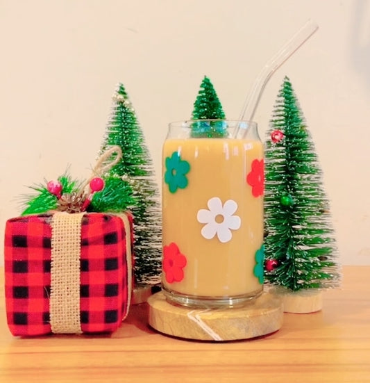 Christmas Retro Flowers Glass Can Cup w/ Bamboo Lid & Straw